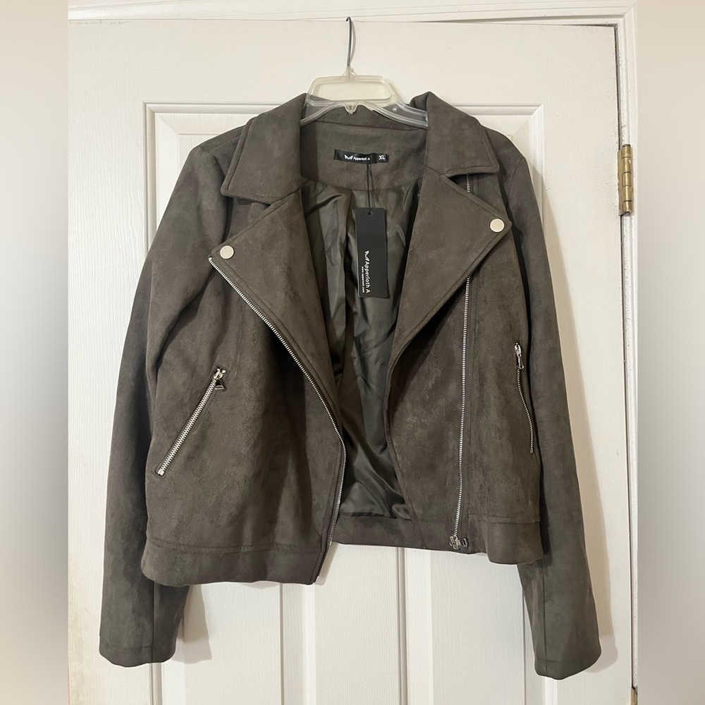 Women’s Long Sleeve Faux Suede Motorcycle Jacket, Olive Green, Size XL